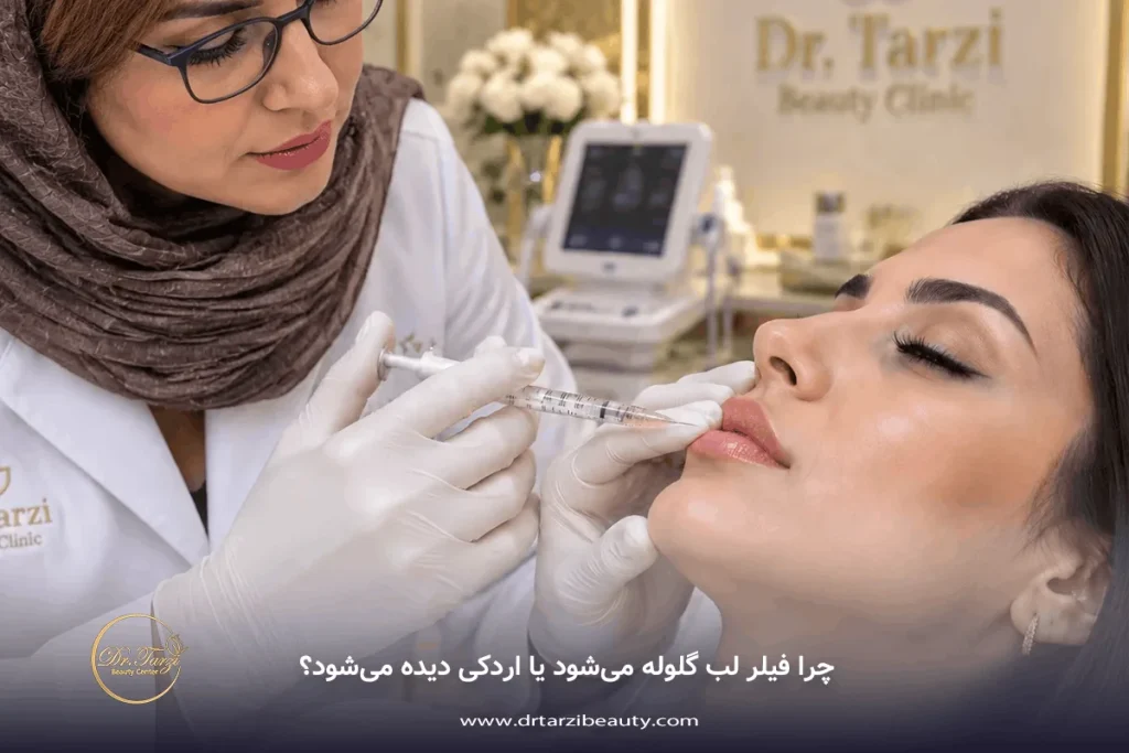 دکتر طرزی در حال تزریق تخصصی فیلر لب با تکنیک ظریف میکروکانولا جهت پیشگیری از اردکی شدن و گلوله شدن ژل در کلینیک زیبایی دکتر طرزی