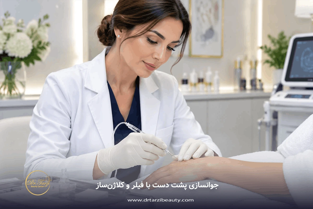جوانسازی پشت دست با تزریق فیلر و کلاژن ساز جهت رفع لاغری و رگ های برجسته دست در مرکز زیبایی دکتر طرزی