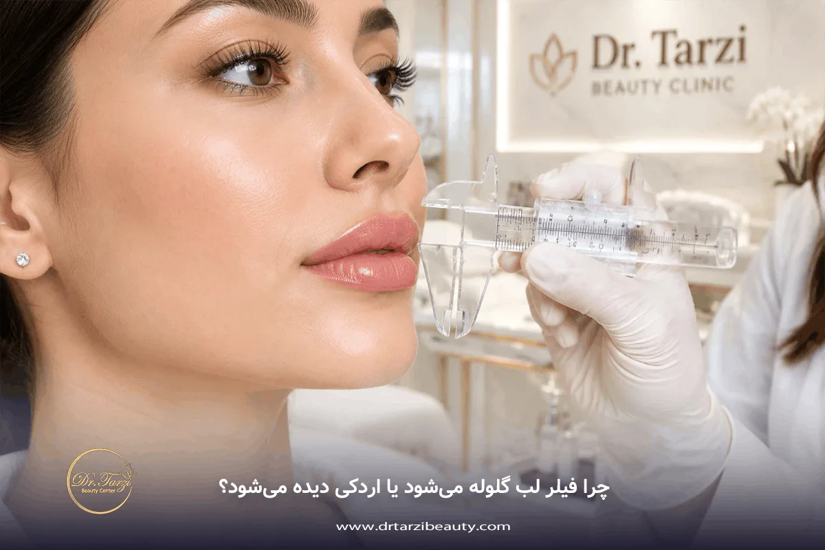 ارزیابی تقارن و فرم طبیعی لب با کولیس پزشکی جهت جلوگیری از اردکی شدن و گلوله شدن فیلر لب در مرکز زیبایی دکتر طرزی